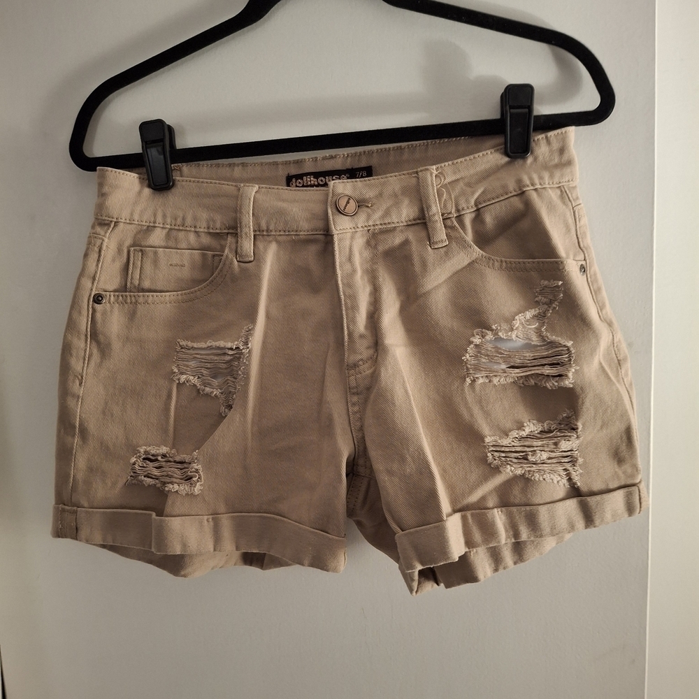 Dollhouse Women's Tan Distressed Jean Shorts